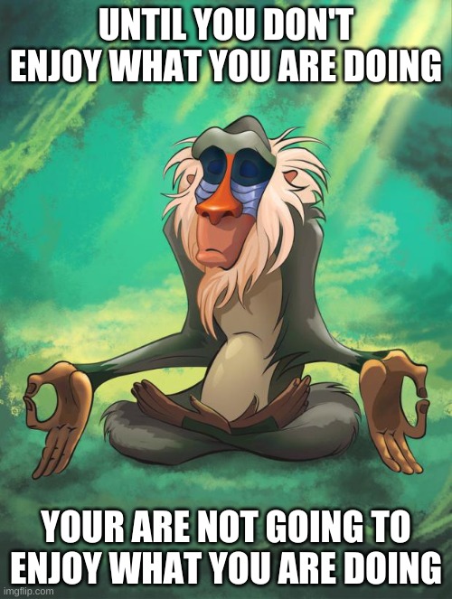 Rafiki wisdom | UNTIL YOU DON'T ENJOY WHAT YOU ARE DOING; YOUR ARE NOT GOING TO ENJOY WHAT YOU ARE DOING | image tagged in rafiki wisdom | made w/ Imgflip meme maker