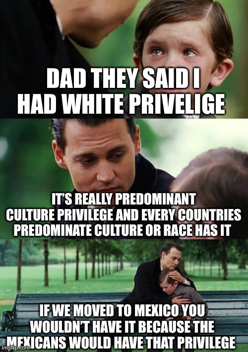 Finding Neverland | DAD THEY SAID I HAD WHITE PRIVELIGE; IT’S REALLY PREDOMINANT CULTURE PRIVILEGE AND EVERY COUNTRIES PREDOMINATE CULTURE OR RACE HAS IT; IF WE MOVED TO MEXICO YOU WOULDN’T HAVE IT BECAUSE THE MEXICANS WOULD HAVE THAT PRIVILEGE | image tagged in memes,finding neverland | made w/ Imgflip meme maker