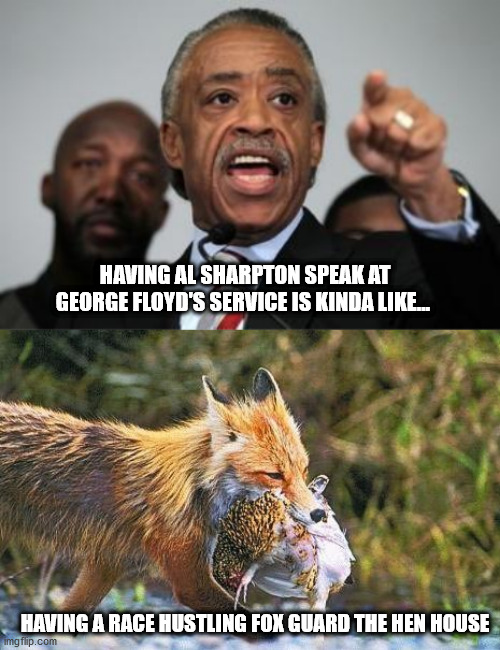 Reverend Al Sharpton | HAVING AL SHARPTON SPEAK AT GEORGE FLOYD'S SERVICE IS KINDA LIKE... HAVING A RACE HUSTLING FOX GUARD THE HEN HOUSE | image tagged in al sharpton | made w/ Imgflip meme maker