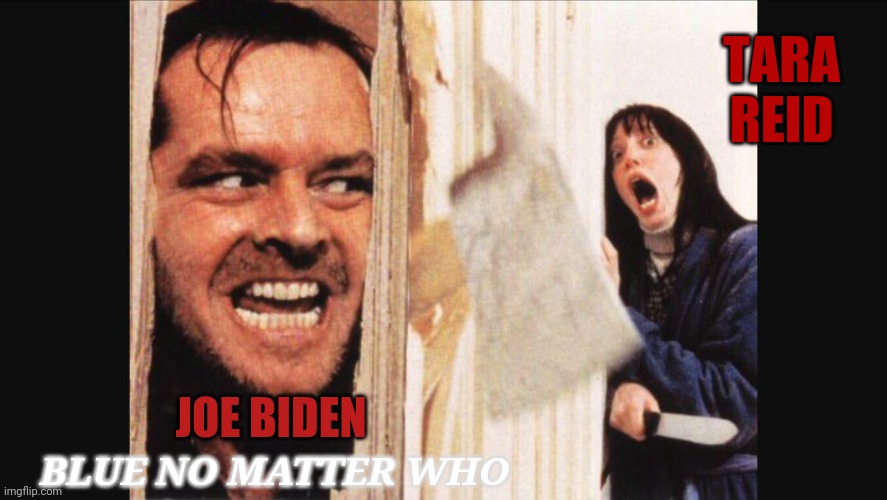 Here's johnny | TARA REID; JOE BIDEN; BLUE NO MATTER WHO | image tagged in here's johnny | made w/ Imgflip meme maker