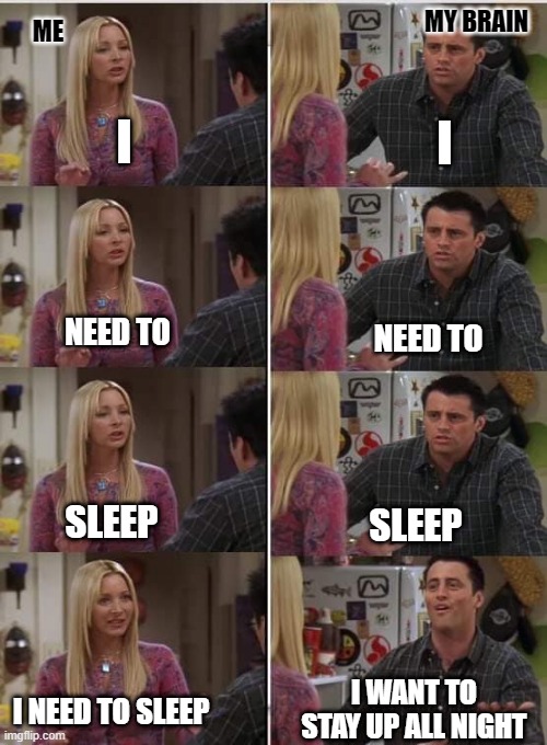 Friends Joey teached french | MY BRAIN; ME; I; I; NEED TO; NEED TO; SLEEP; SLEEP; I WANT TO STAY UP ALL NIGHT; I NEED TO SLEEP | image tagged in friends joey teached french | made w/ Imgflip meme maker