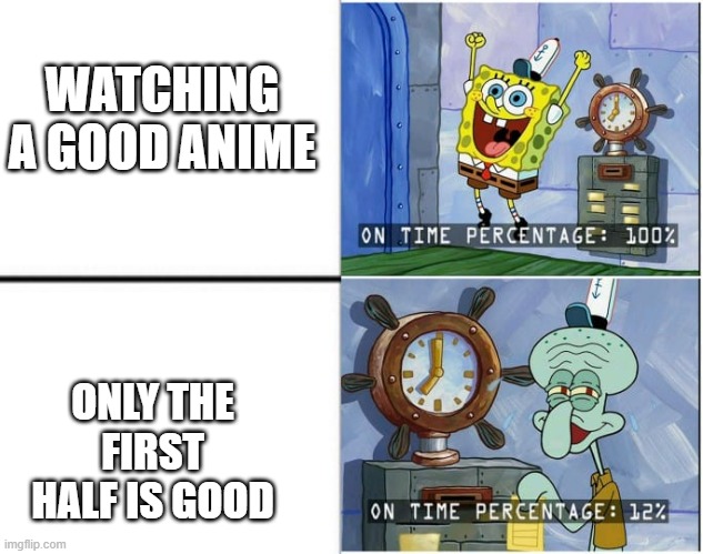 good anime | WATCHING A GOOD ANIME; ONLY THE FIRST HALF IS GOOD | image tagged in on time percentage | made w/ Imgflip meme maker