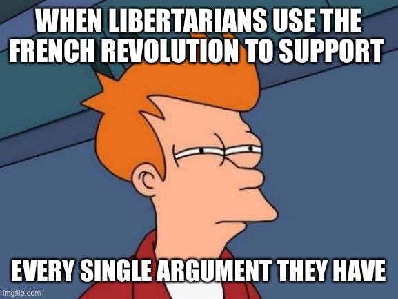 Futurama Fry | WHEN LIBERTARIANS USE THE FRENCH REVOLUTION TO SUPPORT; EVERY SINGLE ARGUMENT THEY HAVE | image tagged in memes,futurama fry | made w/ Imgflip meme maker