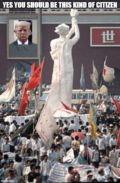 Tienanmen Trump Dictator | YES YOU SHOULD BE THIS KIND OF CITIZEN | image tagged in tienanmen square statue of liberty,trump,dictator,protesters | made w/ Imgflip meme maker