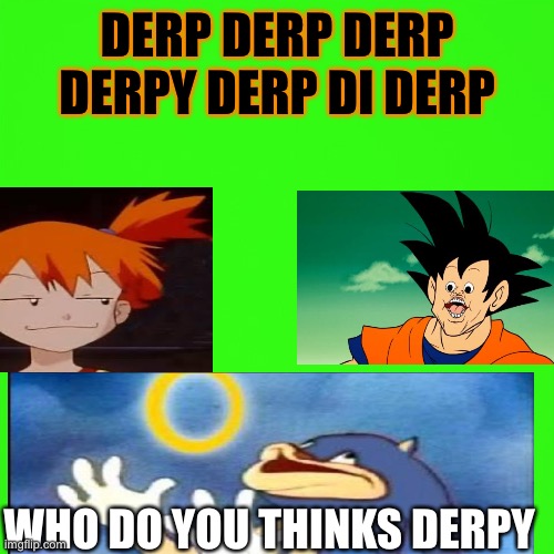 green screen | DERP DERP DERP DERPY DERP DI DERP; WHO DO YOU THINKS DERPY | image tagged in green screen,derp,sonic derp,goku derp | made w/ Imgflip meme maker