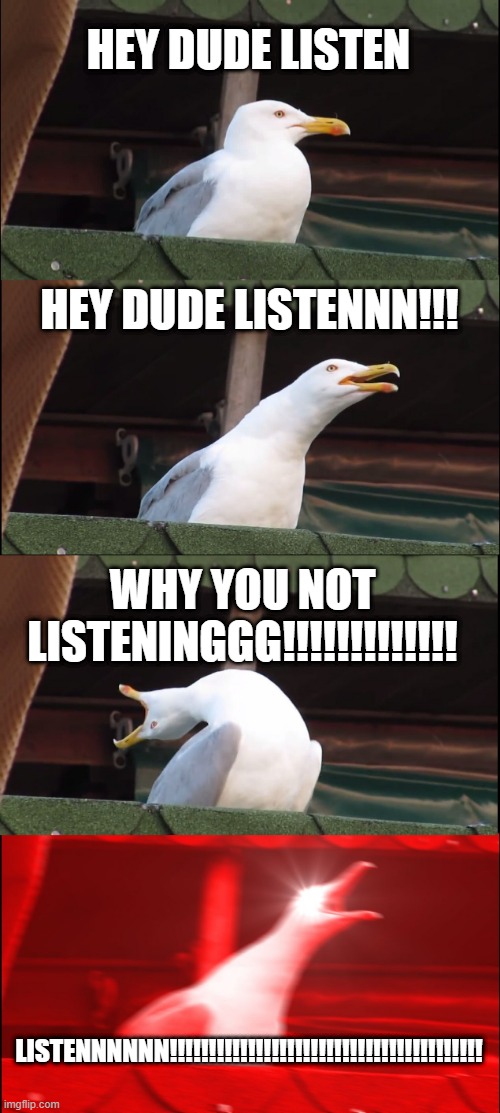 when my friend does not listen to me | HEY DUDE LISTEN; HEY DUDE LISTENNN!!! WHY YOU NOT LISTENINGGG!!!!!!!!!!!!! LISTENNNNNN!!!!!!!!!!!!!!!!!!!!!!!!!!!!!!!!!!!!!!!! | image tagged in memes,inhaling seagull | made w/ Imgflip meme maker