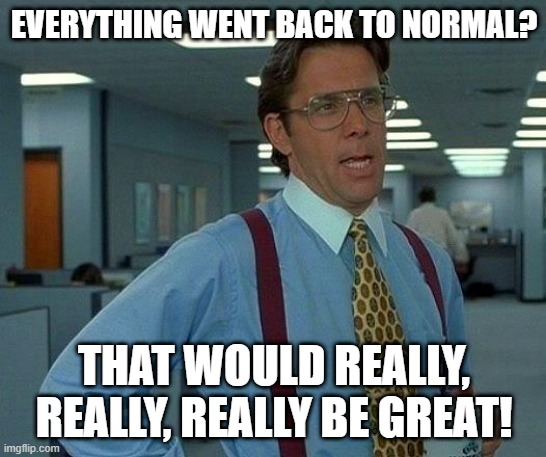 That Would Be Great | EVERYTHING WENT BACK TO NORMAL? THAT WOULD REALLY, REALLY, REALLY BE GREAT! | image tagged in memes,that would be great | made w/ Imgflip meme maker