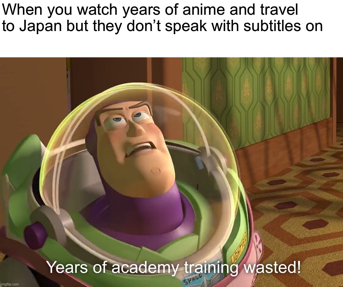 Japan has no subtitles kiddos | When you watch years of anime and travel to Japan but they don’t speak with subtitles on | image tagged in years of academy training wasted,anime,japan | made w/ Imgflip meme maker