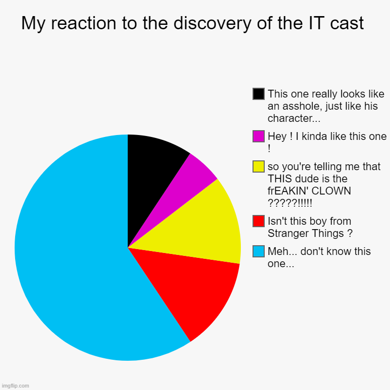 Have you ever told you that ? | My reaction to the discovery of the IT cast | Meh... don't know this one..., Isn't this boy from Stranger Things ?, so you're telling me tha | image tagged in charts,pie charts,it cast,reaction | made w/ Imgflip chart maker