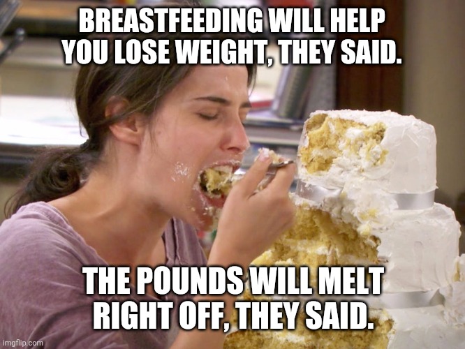 Breastfeeding Weight | BREASTFEEDING WILL HELP YOU LOSE WEIGHT, THEY SAID. THE POUNDS WILL MELT RIGHT OFF, THEY SAID. | image tagged in breastfeeding,breast feeding,hungry | made w/ Imgflip meme maker