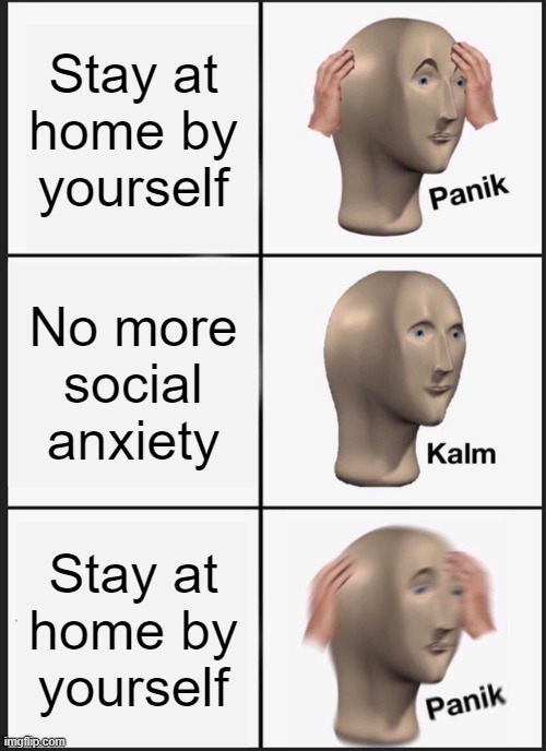 Panik Kalm Panik Meme | Stay at home by yourself; No more social anxiety; Stay at home by yourself | image tagged in memes,panik kalm panik | made w/ Imgflip meme maker