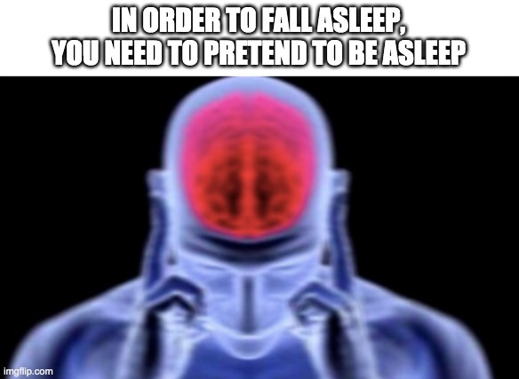 Sleep | IN ORDER TO FALL ASLEEP, YOU NEED TO PRETEND TO BE ASLEEP | image tagged in think about it,meme,funny,baby jesus for moderatorr,my brain hurts too much | made w/ Imgflip meme maker