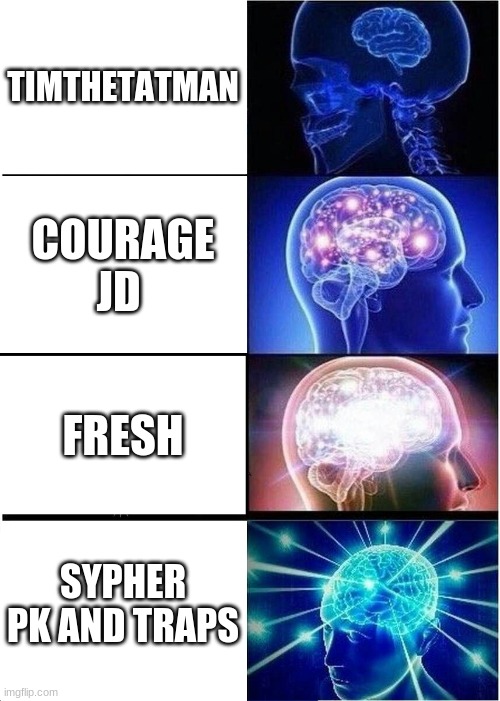 Fortnite memes | TIMTHETATMAN; COURAGE JD; FRESH; SYPHER PK AND TRAPS | image tagged in memes,expanding brain | made w/ Imgflip meme maker