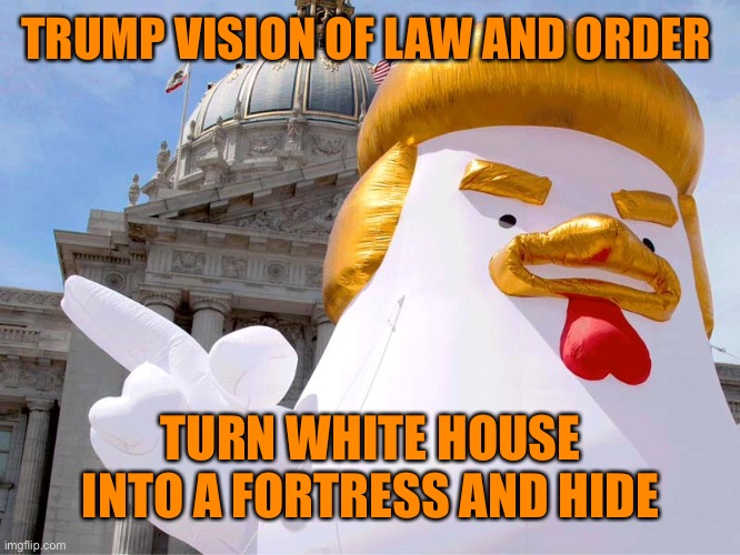 Bunker chicken builds a veritable White House fortress | TRUMP VISION OF LAW AND ORDER; TURN WHITE HOUSE INTO A FORTRESS AND HIDE | image tagged in donald trump,chicken,coward,wall,white house,funny memes | made w/ Imgflip meme maker