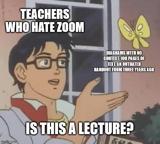 Is This A Pigeon Meme | TEACHERS WHO HATE ZOOM; DIAGRAMS WITH NO CONTEXT, 100 PAGES OF TEXT, AN OUTDATED HANDOUT FROM THREE YEARS AGO; IS THIS A LECTURE? | image tagged in memes,is this a pigeon | made w/ Imgflip meme maker