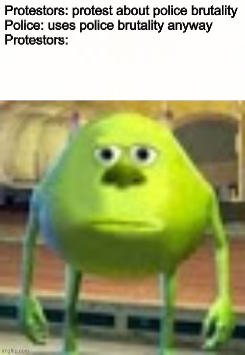 Protestors: protest about police brutality

Police: uses police brutality anyway

Protestors: | image tagged in sully wazowski,protest,george floyd,police brutality | made w/ Imgflip meme maker