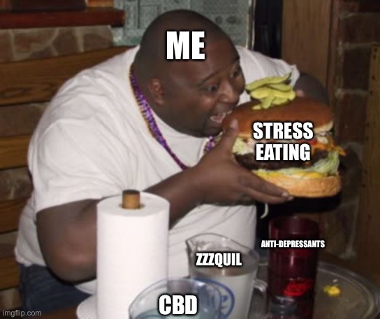 Fat guy eating burger | ME; STRESS EATING; ANTI-DEPRESSANTS; ZZZQUIL; CBD | image tagged in fat guy eating burger | made w/ Imgflip meme maker