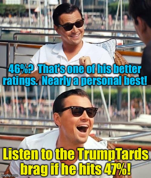 Leonardo Dicaprio Wolf Of Wall Street Meme | 46%?  That's one of his better ratings.  Nearly a personal best! Listen to the TrumpTards brag if he hits 47%! | image tagged in memes,leonardo dicaprio wolf of wall street | made w/ Imgflip meme maker
