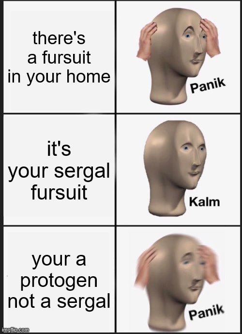 true | there's a fursuit in your home; it's your sergal fursuit; your a protogen not a sergal | image tagged in memes,panik kalm panik,furry | made w/ Imgflip meme maker
