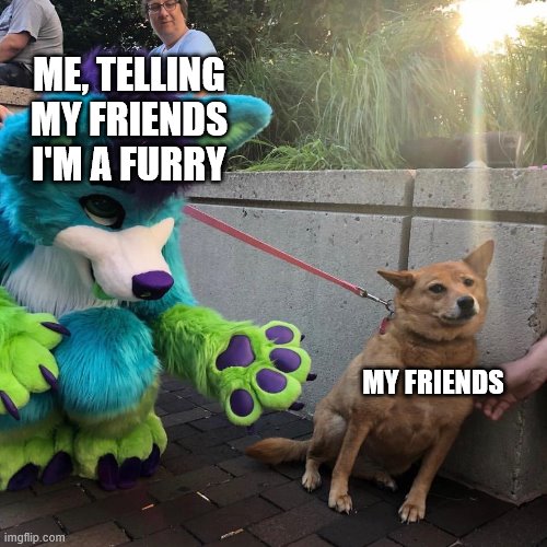my life in a shell of a N U T |  ME, TELLING MY FRIENDS I'M A FURRY; MY FRIENDS | image tagged in dog afraid of furry | made w/ Imgflip meme maker
