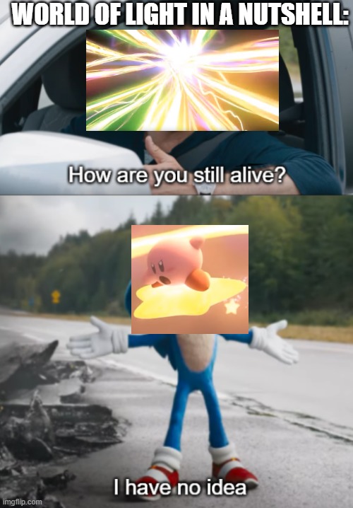 POYO! | WORLD OF LIGHT IN A NUTSHELL: | image tagged in sonic  how are you still alive | made w/ Imgflip meme maker