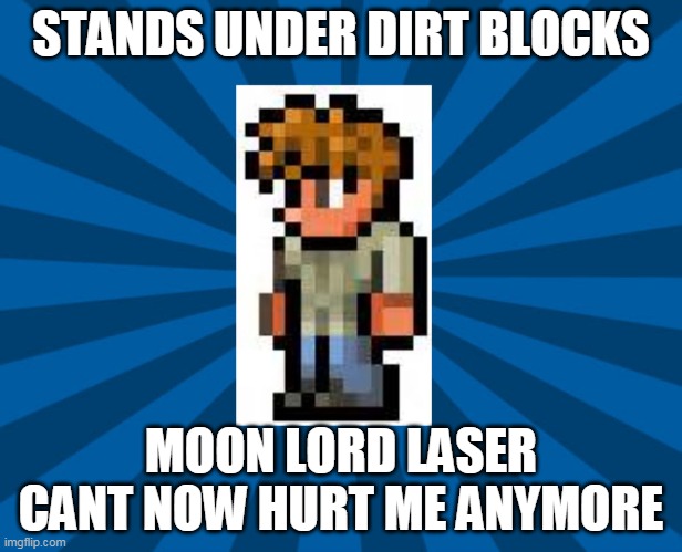 when you stand under dirt blocks | STANDS UNDER DIRT BLOCKS; MOON LORD LASER CANT NOW HURT ME ANYMORE | image tagged in terraria guide,terraria | made w/ Imgflip meme maker