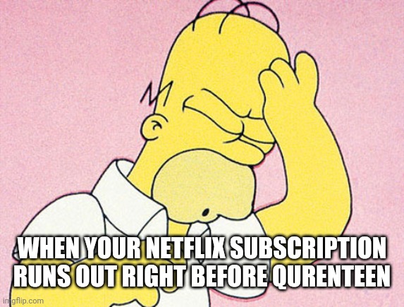 Qurenteen | WHEN YOUR NETFLIX SUBSCRIPTION RUNS OUT RIGHT BEFORE QURENTEEN | image tagged in homer simpson d'oh | made w/ Imgflip meme maker