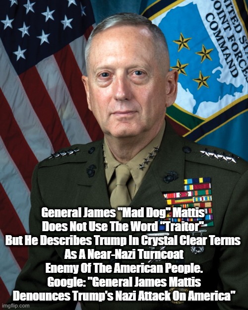 "It Is Sheerly A Technicality That General James Mattis Does Not Use The Word Traitor To Describe Trump" | General James "Mad Dog" Mattis 
Does Not Use The Word "Traitor" 

But He Describes Trump In Crystal Clear Terms 
As A Near-Nazi Turncoat Enemy Of The American People.
Google: "General James Mattis Denounces Trump's Nazi Attack On America" | image tagged in trump,mattis,mad dog,traitor | made w/ Imgflip meme maker