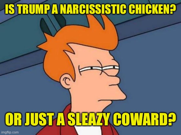 Futurama Fry Meme | IS TRUMP A NARCISSISTIC CHICKEN? OR JUST A SLEAZY COWARD? | image tagged in memes,futurama fry | made w/ Imgflip meme maker