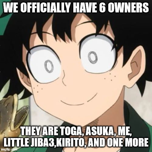 if i missed your name, sorry | WE OFFICIALLY HAVE 6 OWNERS; THEY ARE TOGA, ASUKA, ME, LITTLE JIBA3,KIRITO, AND ONE MORE | image tagged in triggered deku | made w/ Imgflip meme maker