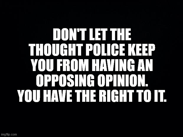Straight out of 1984... | DON'T LET THE THOUGHT POLICE KEEP YOU FROM HAVING AN OPPOSING OPINION. YOU HAVE THE RIGHT TO IT. | image tagged in black background,thought police,democrats,liberals,race baiting | made w/ Imgflip meme maker