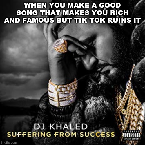 DJ Khalid | WHEN YOU MAKE A GOOD SONG THAT MAKES YOU RICH AND FAMOUS BUT TIK TOK RUINS IT | image tagged in dj khaled suffering from success meme | made w/ Imgflip meme maker