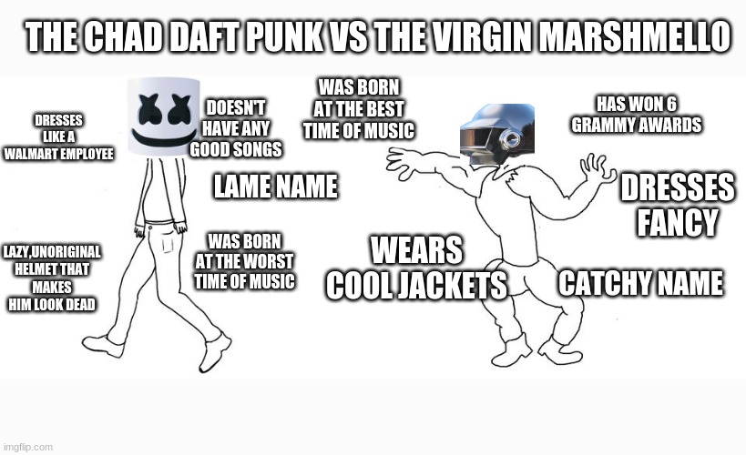 The chad daft punk vs the virgin marshmello | THE CHAD DAFT PUNK VS THE VIRGIN MARSHMELLO; DOESN'T HAVE ANY GOOD SONGS; WAS BORN AT THE BEST TIME OF MUSIC; DRESSES LIKE A WALMART EMPLOYEE; HAS WON 6 GRAMMY AWARDS; DRESSES FANCY; LAME NAME; LAZY,UNORIGINAL HELMET THAT MAKES HIM LOOK DEAD; WAS BORN AT THE WORST TIME OF MUSIC; CATCHY NAME; WEARS COOL JACKETS | image tagged in virgin vs chad | made w/ Imgflip meme maker