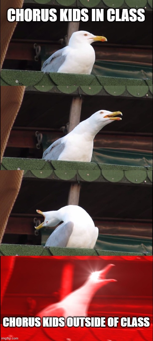 Inhaling Seagull Meme | CHORUS KIDS IN CLASS; CHORUS KIDS OUTSIDE OF CLASS | image tagged in memes,inhaling seagull | made w/ Imgflip meme maker