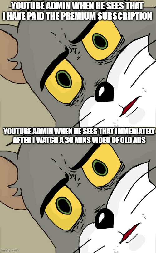 Sometimes I am inconsistent | YOUTUBE ADMIN WHEN HE SEES THAT I HAVE PAID THE PREMIUM SUBSCRIPTION; YOUTUBE ADMIN WHEN HE SEES THAT IMMEDIATELY AFTER I WATCH A 30 MINS VIDEO OF OLD ADS | image tagged in memes,unsettled tom,youtube,premium | made w/ Imgflip meme maker
