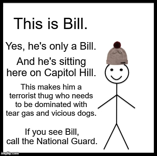 Be Like Bill Meme | This is Bill. Yes, he's only a Bill. And he's sitting here on Capitol Hill. This makes him a terrorist thug who needs to be dominated with tear gas and vicious dogs. If you see Bill, call the National Guard. | image tagged in memes,be like bill | made w/ Imgflip meme maker