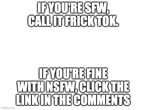 Blank White Template | IF YOU'RE SFW, CALL IT FRICK TOK. IF YOU'RE FINE WITH NSFW, CLICK THE LINK IN THE COMMENTS | image tagged in blank white template | made w/ Imgflip meme maker