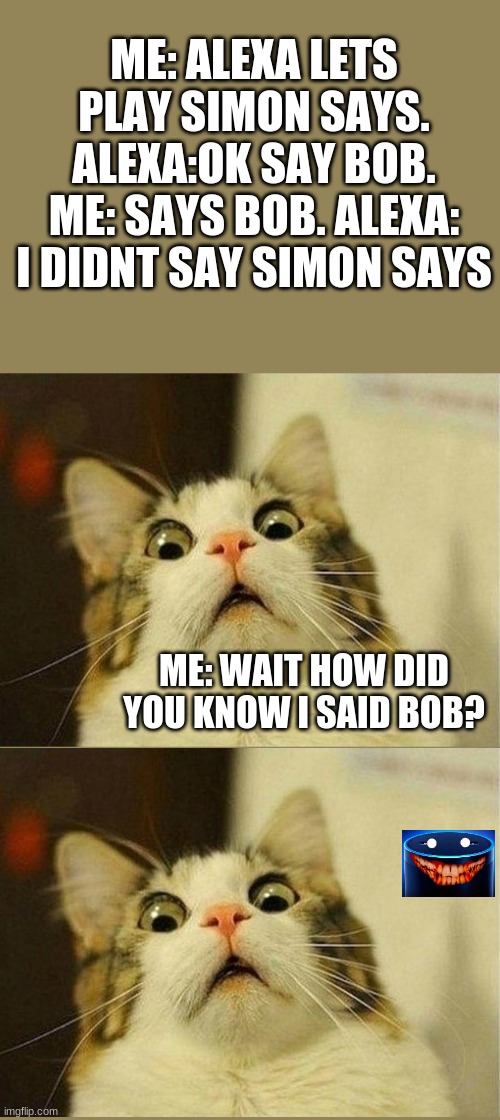Scared Cat | ME: ALEXA LETS PLAY SIMON SAYS. ALEXA:OK SAY BOB. ME: SAYS BOB. ALEXA: I DIDNT SAY SIMON SAYS; ME: WAIT HOW DID YOU KNOW I SAID BOB? | image tagged in memes,scared cat | made w/ Imgflip meme maker