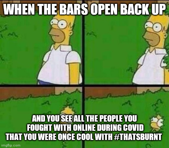 Homer Simpson sees friends Post COVID | WHEN THE BARS OPEN BACK UP; AND YOU SEE ALL THE PEOPLE YOU  FOUGHT WITH ONLINE DURING COVID THAT YOU WERE ONCE COOL WITH #THATSBURNT | image tagged in homer simpson in bush - large | made w/ Imgflip meme maker