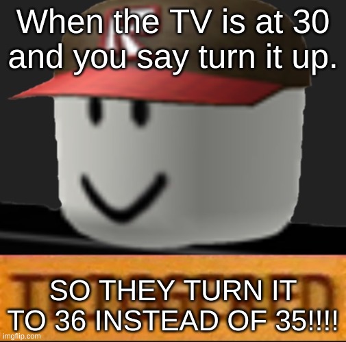 Roblox Triggered | When the TV is at 30 and you say turn it up. SO THEY TURN IT TO 36 INSTEAD OF 35!!!! | image tagged in roblox triggered | made w/ Imgflip meme maker