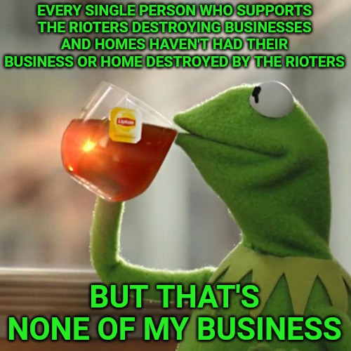 But That's None Of My Business | EVERY SINGLE PERSON WHO SUPPORTS THE RIOTERS DESTROYING BUSINESSES AND HOMES HAVEN'T HAD THEIR BUSINESS OR HOME DESTROYED BY THE RIOTERS; BUT THAT'S NONE OF MY BUSINESS | image tagged in memes,but that's none of my business,kermit the frog | made w/ Imgflip meme maker