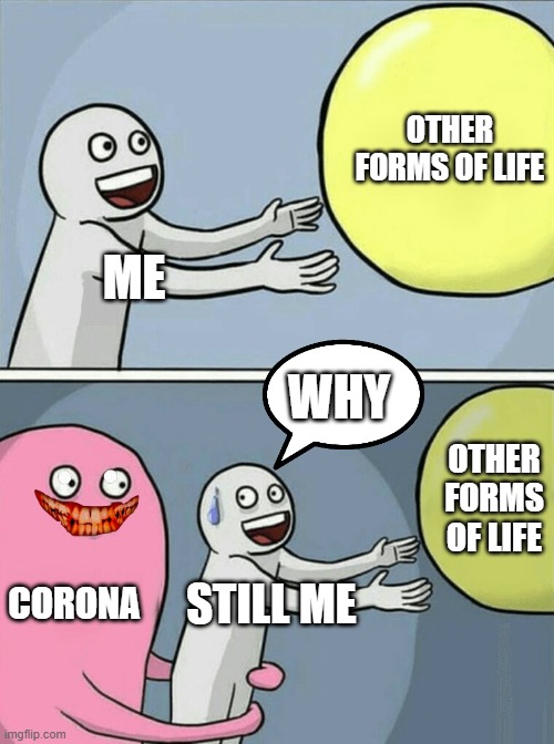 Corona made me a hermit | OTHER FORMS OF LIFE; ME; WHY; OTHER FORMS OF LIFE; CORONA; STILL ME | image tagged in memes,running away balloon | made w/ Imgflip meme maker