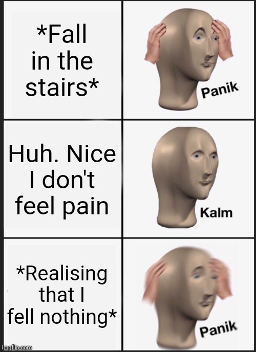 Panik Kalm Panik Meme | *Fall in the stairs*; Huh. Nice I don't feel pain; *Realising that I fell nothing* | image tagged in memes,panik kalm panik | made w/ Imgflip meme maker