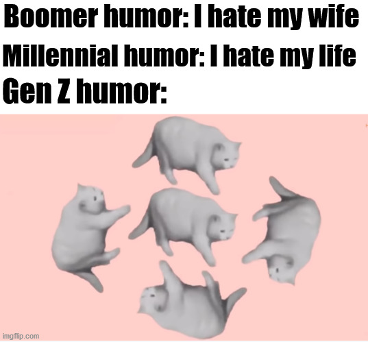 It's called "he". It's just a cat walking to Tomodachi life music. I don't know why it exists. | Boomer humor: I hate my wife; Millennial humor: I hate my life; Gen Z humor: | image tagged in he,tomodachi cat,memes,gen z humor | made w/ Imgflip meme maker