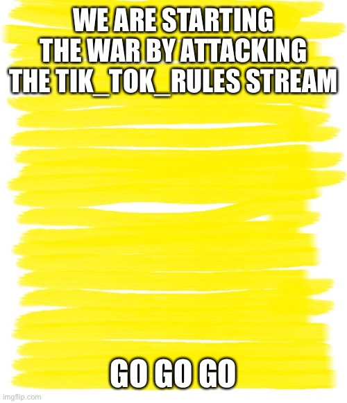 GO GO GO | WE ARE STARTING THE WAR BY ATTACKING THE TIK_TOK_RULES STREAM; GO GO GO | image tagged in attention yellow background | made w/ Imgflip meme maker