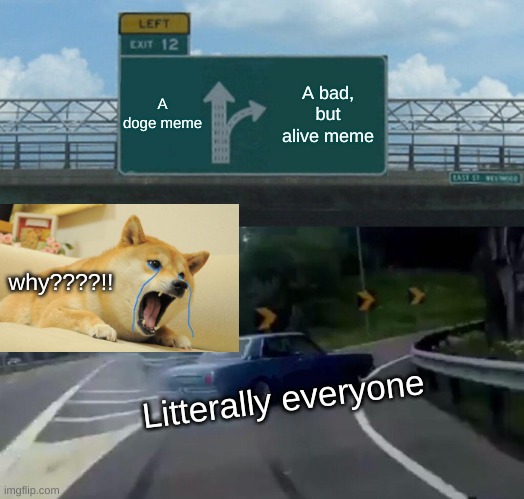 Left Exit 12 Off Ramp | A doge meme; A bad, but alive meme; why????!! Litterally everyone | image tagged in memes,left exit 12 off ramp | made w/ Imgflip meme maker