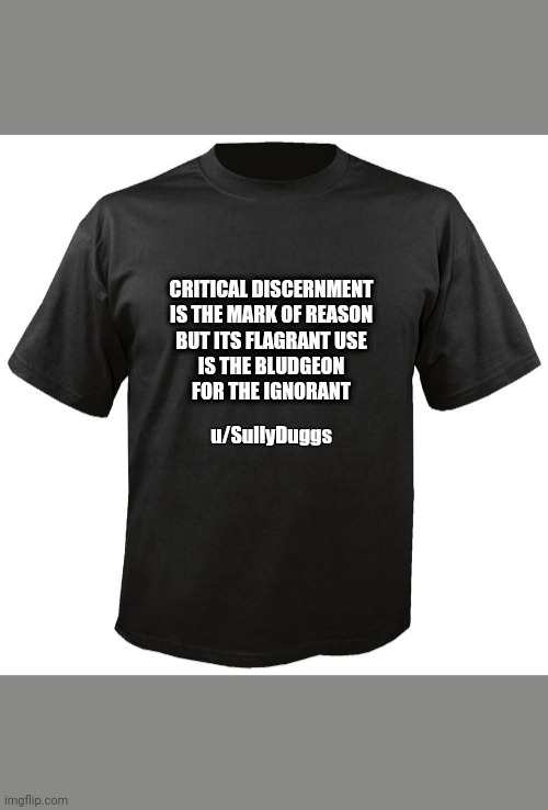 Blank T-Shirt | CRITICAL DISCERNMENT
IS THE MARK OF REASON
BUT ITS FLAGRANT USE
IS THE BLUDGEON
FOR THE IGNORANT; u/SullyDuggs | image tagged in blank t-shirt | made w/ Imgflip meme maker