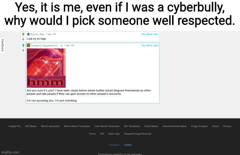 And if you keep on accusing me, when I do eventually get back my account, your fired. | Yes, it is me, even if I was a cyberbully, why would I pick someone well respected. | image tagged in e,from ownership | made w/ Imgflip meme maker