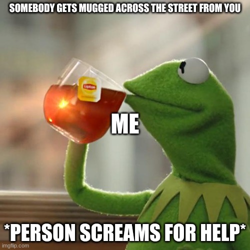 But That's None Of My Business | SOMEBODY GETS MUGGED ACROSS THE STREET FROM YOU; ME; *PERSON SCREAMS FOR HELP* | image tagged in memes,but that's none of my business,kermit the frog | made w/ Imgflip meme maker