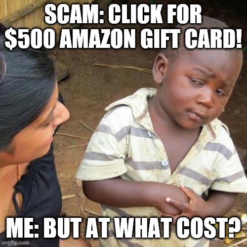scammers gotta scam | SCAM: CLICK FOR $500 AMAZON GIFT CARD! ME: BUT AT WHAT COST? | image tagged in memes,third world skeptical kid | made w/ Imgflip meme maker
